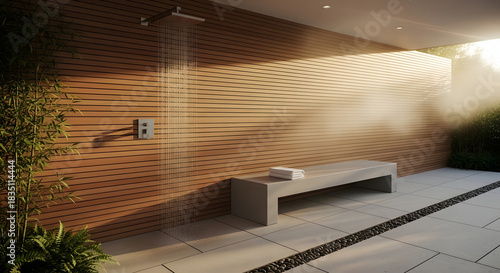 Modern outdoor shower with sleek bench and a misty atmosphere in a tranquil garden setting