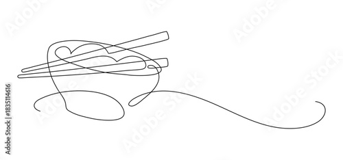 Bowl of rice, porridge, or noodle with chopsticks. Continuous line drawing.