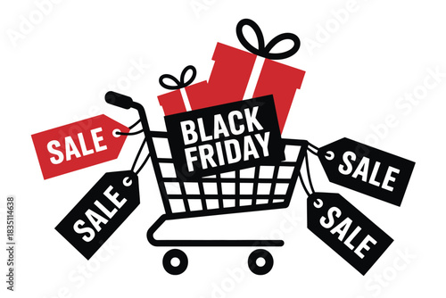 Shopping cart overflowing with gifts and sale tags, celebrating Black Friday deals