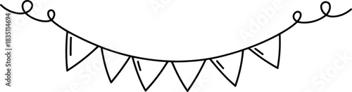 A simple outline drawing of a curved party bunting banner with triangular flags and wavy string ends