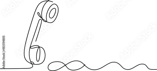 A single continuous black line drawing of a vintage telephone receiver with a wavy sound line