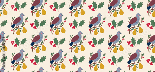 Seamless festive pattern featuring illustrated partridges, pear branches, holly leaves, and berries in warm seasonal colors, ideal for holiday designs.