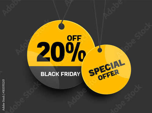 Yellow and black circle promotional sign or tag label with hanging rope and text 20% off Black Friday and special offer, vector 3d isolated on black background for banner advertising design