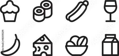 Collection of food icon with cupcake sushi hotdog and wine for restaurant