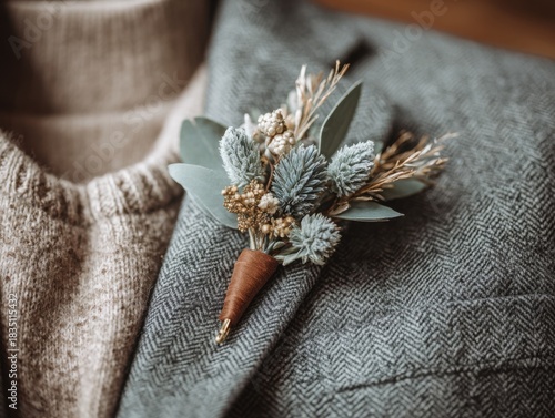 Soft-lit winter close-up composition showing groom boutonniere with frosted greenery on textured coat lapel