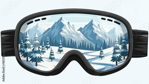 Vector graphic of ski and snowboard goggles with a snowy mountain, pine tree, and river landscape visible through the lenses.