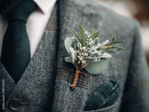 Groom accessories winter close-up artwork with boutonniere of frosted greenery on textured coat lapel representing soft natural lighting style