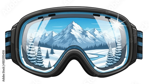 Vector graphic of ski and snowboard goggles with a snowy mountain, pine tree, and river landscape visible through the lenses.