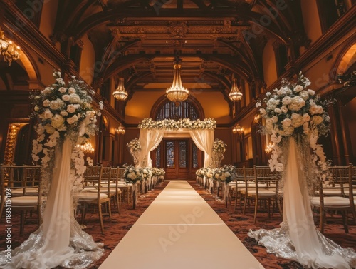 High-end indoor winter wedding ceremony set in a grand hall with frosted floral arches and a white velvet aisle, warm ambient lighting contrasting icy accents to create an elegant and refined upscale 
