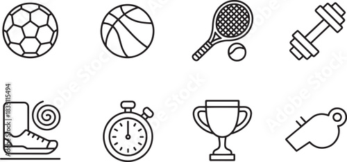 Collection of sports icon with ball tennis dumbbell and cup for training