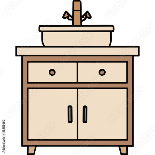 Simple illustration of a beige and brown bathroom vanity with a sink and faucet isolated on a black background