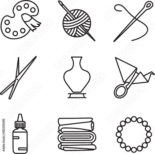Craft hobby art material related icons on transparent background line style vector