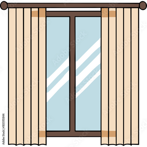 Simple Illustration of a Closed Window with Light Beige Curtains and Reflective Glass Showing Light Blue Sky with Clouds and Diagonal Streaks