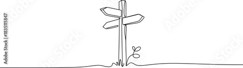 Continuous single line drawing of a simple wooden signpost with multiple blank directional arrows pointing to various paths