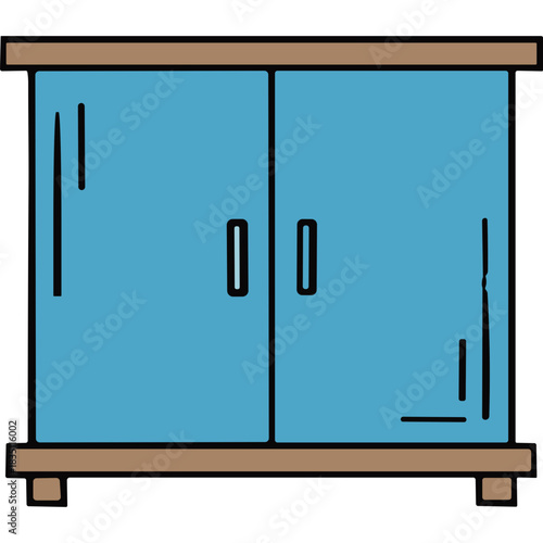 Simple illustration of a light brown wooden cabinet with two light blue glass doors and handles against a black background