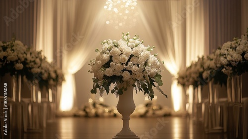 Sophisticated winter wedding entrance décor with a large pedestal floral arrangement glowing under warm soft lights, showcasing premium white blooms and refined crystal touches in an elegant ceremony 