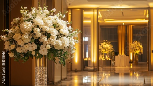 Luxurious winter wedding floral display placed on a grand pedestal at the ceremony hall entrance, enhanced by warm ambient lighting that highlights delicate white flowers and shimmering crystal décor 