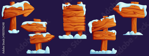Set of wooden signboards covered with snow caps. Wood signboards with pointer isolated on background. Road Rustic boards and planks with icicles. Empty panel layout for message in winter