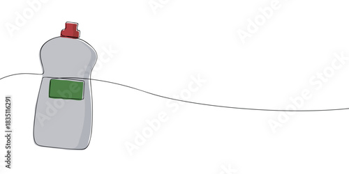 A plastic dish soap bottle with a red flip top cap and a green label, drawn in a simple minimal style