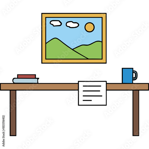 Simple illustration of a wooden desk with books a blue mug and a framed landscape painting on a black background featuring green hills blue sky and a yellow sun