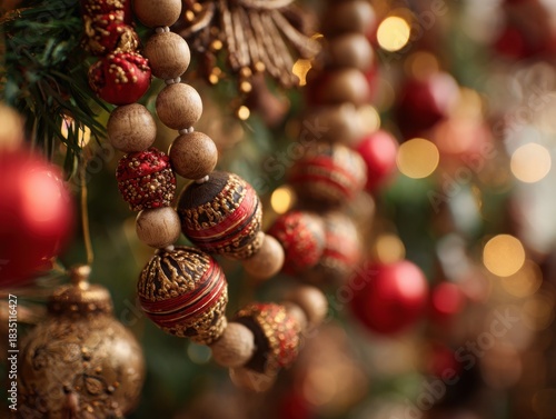 Macro shot of traditional Russian holiday garland with handcrafted wooden beads and red-gold accents hanging on modern Christmas tree in soft warm ambient lighting