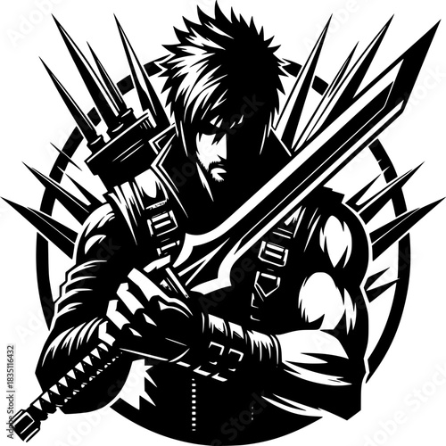 Warrior with Blade Silhouette: A strong warrior, defined by a silhouette holding a grand blade with determination, and with a background of sharp spikes to emphasize strength and protection. 
