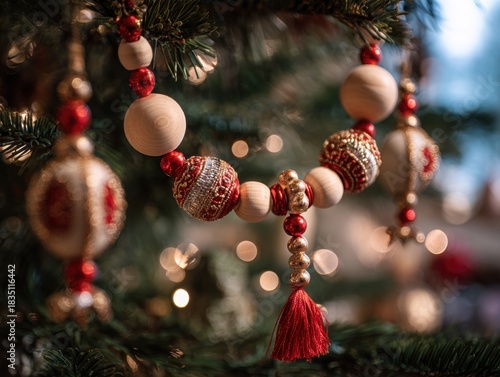 Traditional Russian holiday garland with handcrafted wooden beads and red-gold accents on modern Christmas tree, macro view with warm ambient lighting