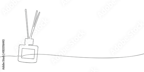 A minimal line drawing of a reed diffuser with a square bottle and long fragrance sticks rising from the top