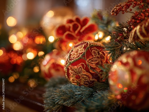 Crisp detailed macro composition in glowing tones depicting pine branches with garland and Russian-inspired decorations, concept