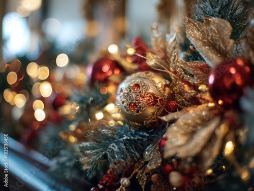 Macro view illuminated garland on pine branches in warm festive style, red-and-gold Russian-inspired decorations representing holiday decor