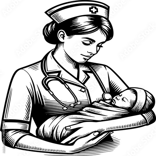 Nurse with a Newborn: A caring nurse cradles a newborn infant, a tender scene of medical care and maternal affection. Evoking themes of new life, health, and dedication.