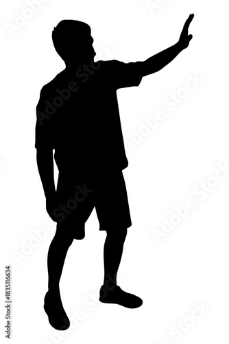 Man silhouette standing raising hand in a stop or prohibiting gesture. Vector illustration