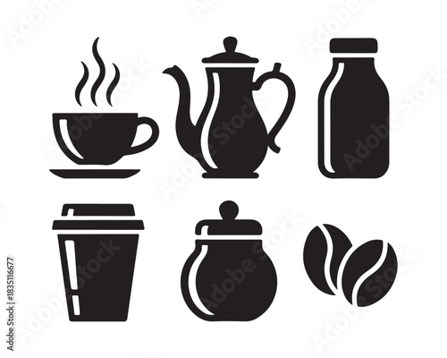 Steaming coffee cup, classic teapot with curved spout, tall milk bottle with cap, takeaway coffee cup with lid, small sugar jar, coffee bean pair vector silhouette design illustration icon set collect