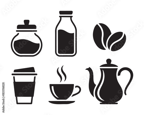 Steaming coffee cup, classic teapot with curved spout, tall milk bottle with cap, takeaway coffee cup with lid, small sugar jar, coffee bean pair vector silhouette design illustration icon set collect