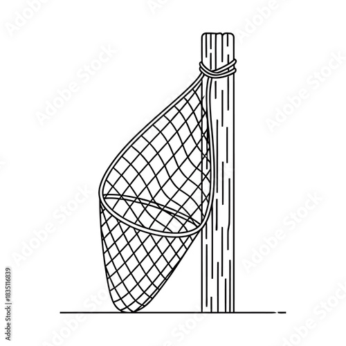 Hand drawn illustration of a fishing net hanging on a wooden post isolated on transparent background