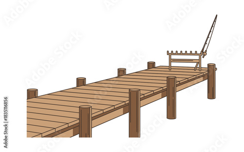 Wooden fishing dock with rod holders and fishing rods isolated on transparent background