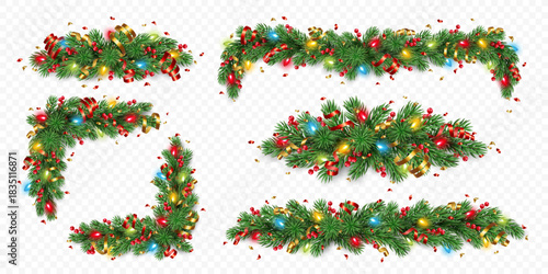 Collection of vector realistic pine tree branches with golden and red confetti, ribbons, berries and lights isolated on a transparent background. Holiday Christmas tree garland for winter decoration.