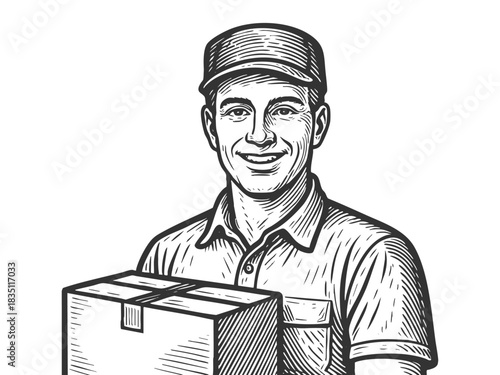 smiling delivery worker holding a cardboard box, ideal for shipping and logistics themes sketch engraving generative ai fictional character vector illustration. Scratch board. Black and white image.
