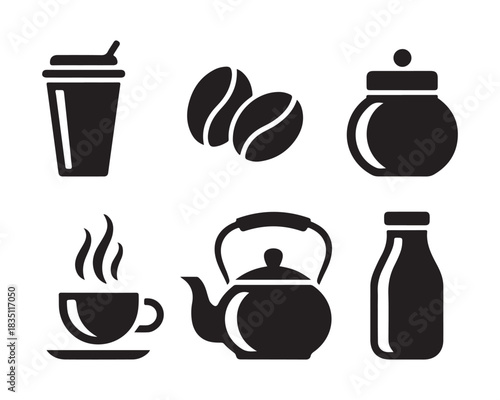 Steaming coffee cup, classic teapot with curved spout, tall milk bottle with cap, takeaway coffee cup with lid, small sugar jar, coffee bean pair vector silhouette design illustration icon set collect