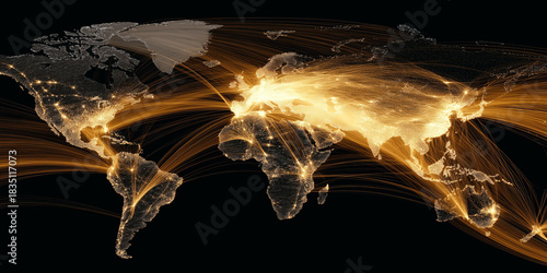 map of planet Earth, satellite view from space. Modern technologies and global Internet network connecting continents. Globalization and airplane flight lines
