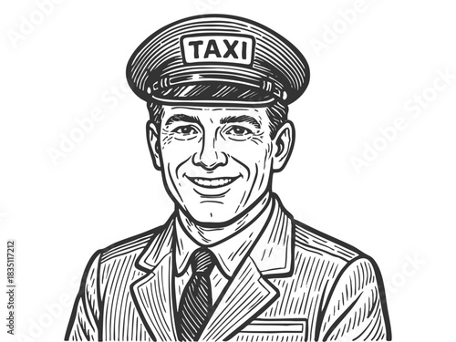 smiling male taxi driver in uniform and cap, ideal for transportation and service themes sketch engraving generative ai fictional character vector illustration. Scratch board. Black and white image.