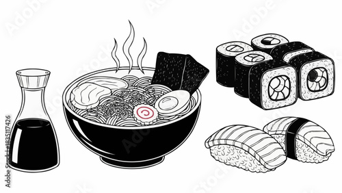 Delicious Japanese Cuisine Featuring Ramen Sushi and Soy Sauce.