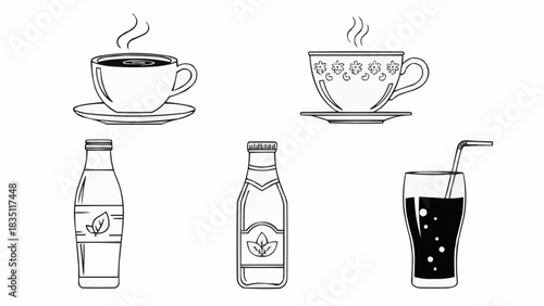 Hand Drawn Illustration of Various Beverages and Drinks.