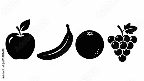 Simple black silhouette icons of apple banana orange and grapes set.