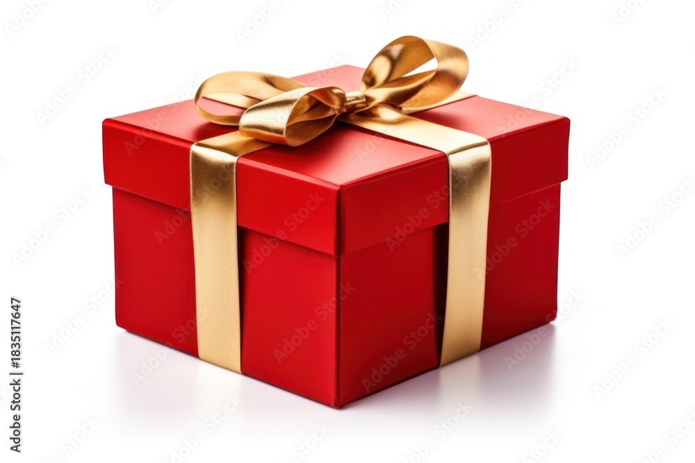 Fototapeta premium Red gift box ribbon gold white background.