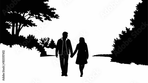 Silhouette of a romantic couple holding hands and walking together.