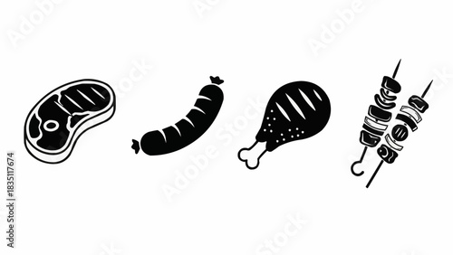 Monochrome meat selection icons steak sausage chicken and skewers.