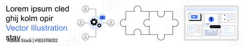 Business operations, teamwork flow, project organization, task integration, problem solving, data analysis. Diagram with gears, puzzle pieces and a data dashboard. Teamwork flow and project