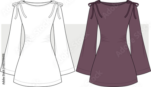 Women's A-line Mini Dress With Bow Detail and Bell Sleeve. Mini Dress Fashion Technical Drawing, Vector,  Illustration. CAD, MOCKUP.