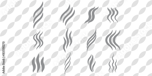 Smoke steam icon vector logo set. Smoke smell, steam aroma heat icon illustration. Hot vapor fire doodle line logo. Hit stink, coffee, fragrance flame elements. Vector illustration.